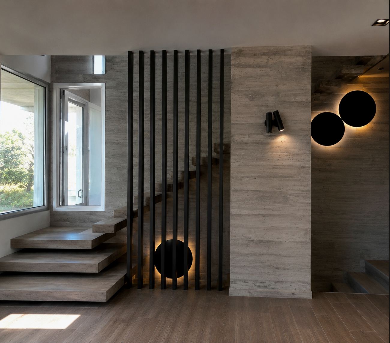 Escalera flotante con listones negros y apliques circulares