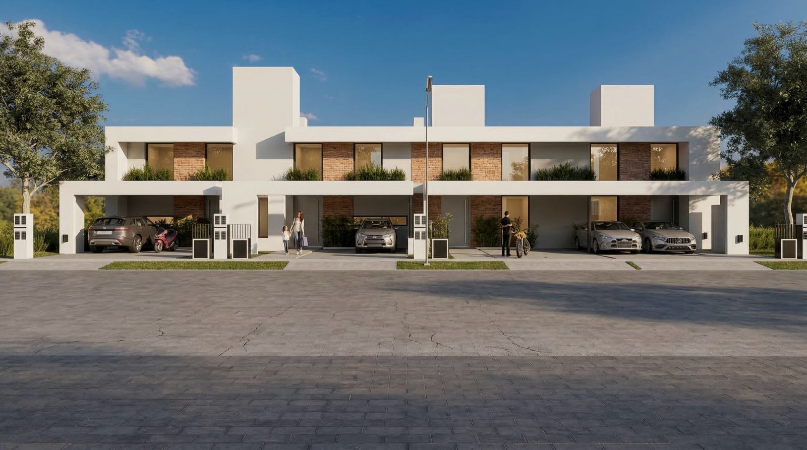 Render del desarrollo NUMA: dúplex blancos con cocheras